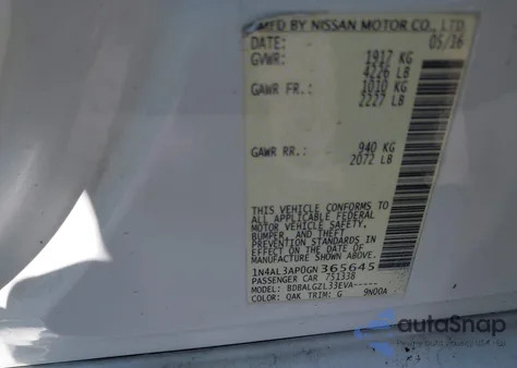 2016 Nissan Altima 2.5/2.5 S/2.5 Sl/2.5 Sr/2.5 Sv из США, поврежденный, VIN 1N4AL3AP0GN365645